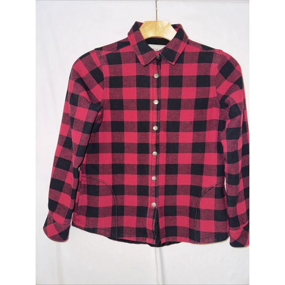 Wms Orvis S Fleece-Lined Flannel Plaid Shacket Shirt Jacket Red/Black Snap Up - Picture 2 of 16